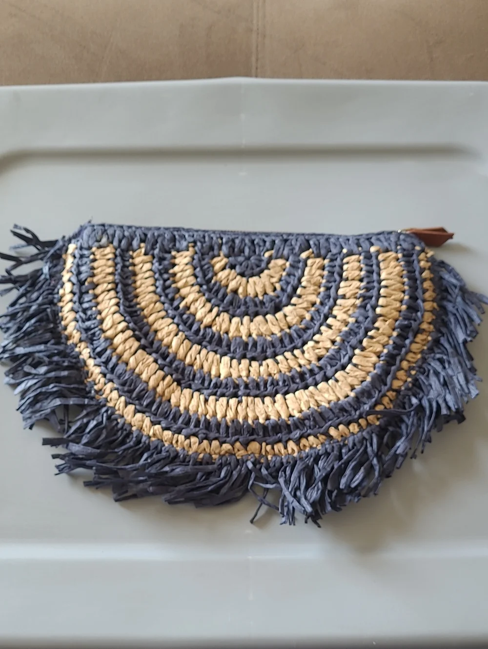 J. Crew Blue/Tan Straw Fringe Clutch Purse OS